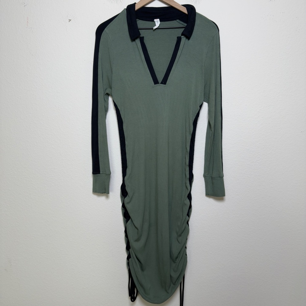 Anthropologie Daily Practice Women Dress L Green Ribbed Ruched Polo Colorblock - Picture 4 of 14